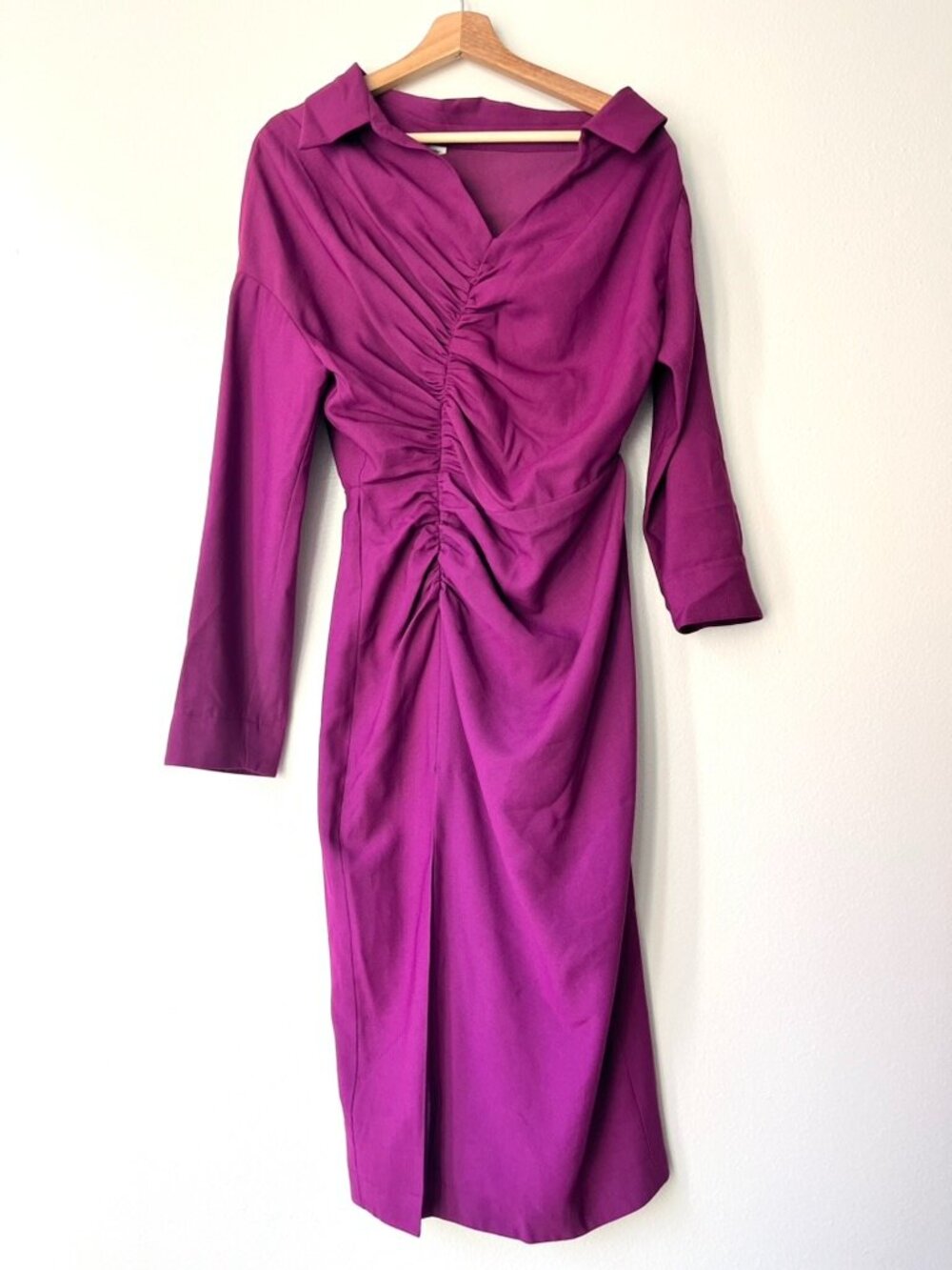 The Sei Magenta Ruched Collared Midi Dress Runway Sample